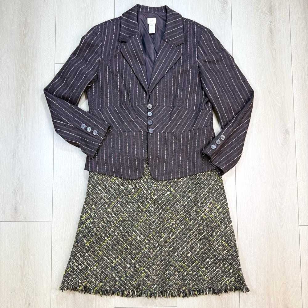 VTG J. Jill Wool Skirt Suit Set 14 Blazer Tweed Career Hong Kong Y2K Brown